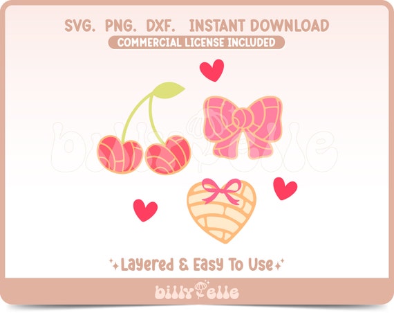 Coquette Mexican Conchas PNG - Coquette Cherries SVG - Lace Bow Coquette Stickers - Cricut files digital download - Heart Cherry Pan Dulce
