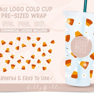 以下が含まれることがあります： ハロウィーンのキャンディーコーンと白い花の模様が施された24オンスの冷たいカップのラッピング。ラッピングは事前にサイズが決まっており、SVG、PNG、DXF形式で提供されます。カップには「ロゴは含まれていません」というテキストが表示されています。「レイヤー化されており、使いやすい」というテキストも表示されています。