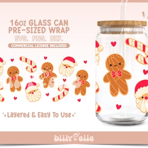 May include: A digital design for a 16oz glass can wrap featuring a Christmas theme with gingerbread men, candy canes, and Santa Claus. The design is layered and easy to use.  SVG, PNG, and DXF files are included.  Commercial license included.
