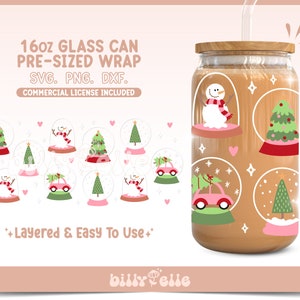 Świąteczne słodkie kule śnieżne 16oz Libbey Glass Can Wrap - Święta - Pliki SVG do pobrania cyfrowego dla Cricut - Wzór kuli śnieżnej na Boże Narodzenie