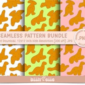 May include: A set of three seamless pattern designs featuring cartoon dinosaur-shaped chicken nuggets. The patterns are on white, light green, and pink backgrounds. The text "SEAMLESS PATTERN BUNDLE" is at the top of the image. The text "Instant Download. 12x12 inch High Resolution (300 dpi).JPG" is below the title. The text ".PNG" is in a circle with the text "TRANSPARENT BACKGROUND INCLUDED" around it.