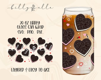 Chocolate Cookies Hearts 20oz Glass Can Wrap - Love Pattern - Valentine's Day Digital Download SVG Files For Cricut - Libbey Wrap Template