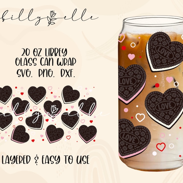 Chocolate Cookies Hearts 20oz Glass Can Wrap - Love Pattern - Valentine's Day Digital Download SVG Files For Cricut - Libbey Wrap Template