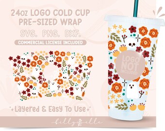 Floral Halloween Starbucks Venti Wrap SVG - Skull Digital Télécharger SVG Fichiers pour Cricut Silhouette - Retro Flowers Venti 24oz Cold Cup