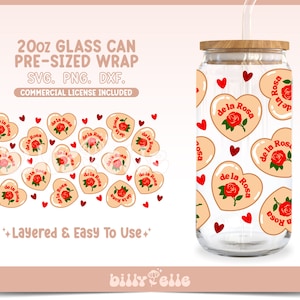 May include: A pre-sized wrap for a 20 ounce glass can featuring a repeating pattern of heart-shaped cookies with the text "de la Rosa" and a red rose. The wrap is layered and easy to use.