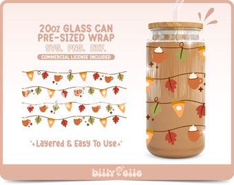 Thanksgiving Pumpkin Pie String Lights 20oz Libbey Glass Can Wrap - Autumn - Digital Download SVG Files For Cricut - Cozy Fall Pumpkin Latte