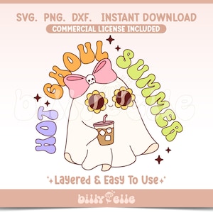 May include: A cute cartoon ghost wearing sunglasses and a pink bow, holding a cup of iced coffee. The ghost is surrounded by the text "Hot Ghoul Summer" in a retro font.