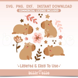 Capybara Floral SVG - Cute Capybara Stickers PNG - Layered Cricut Files Easy SVG - Cute Baby Pink Floral Capybara