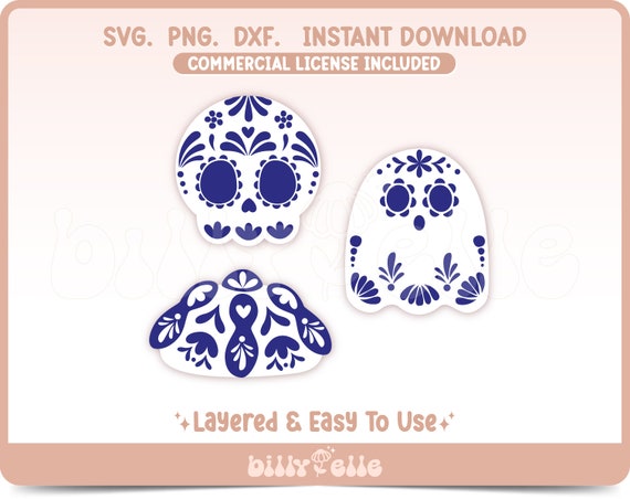 Dia de Muertos Talavera SVG - Mexican Calaverita - Halloween Pan de Muerto Stickers PNG - Layered Cricut Files - Dia de Muertos Talavera Art