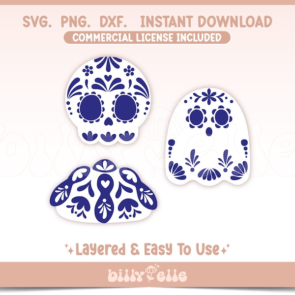 Dia de Muertos Talavera SVG - Calaverita Mexicana - Halloween Pan de Muerto Pegatinas PNG - Archivos Cricut en capas - Dia de Muertos Talavera Art