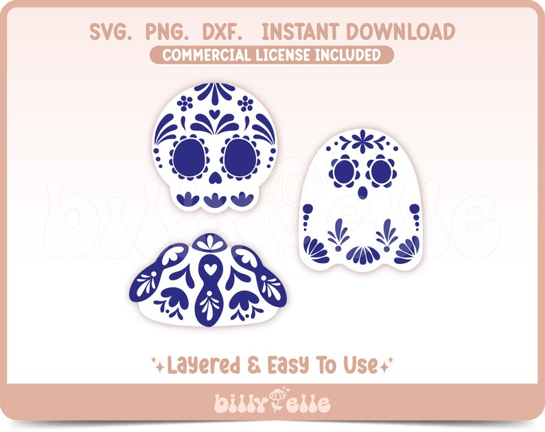 May include: Three digital cut files featuring a skull, ghost, and a sombrero, all decorated with a blue and white tile pattern. The text "Layered & Easy To Use" is included in the image.