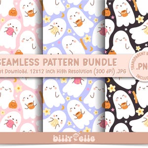 May include: A set of three seamless pattern designs featuring cute ghosts holding various items, including a pumpkin, a cup of coffee, and a ball of yarn. The patterns are on pink, purple, and black backgrounds with white stars and flowers.