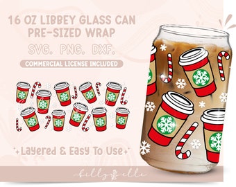 Christmas Coffe Cup 16oz Libbey Glass Can Wrap - Holidays PNG Digital Download SVG Cricut - Silhouette - Hot Chocolate Beer Glass Template