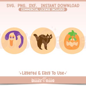 May include: A digital download graphic featuring three Halloween-themed illustrations. Includes a ghost, a black cat, and a jack-o'-lantern, all in a cartoon style. The text at the top reads "SVG. PNG. DXF. INSTANT DOWNLOAD COMMERCIAL LICENSE INCLUDED".