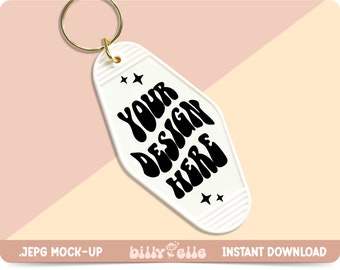 May include: White plastic motel key tag with a gold key ring. The tag has black text that says "YOUR DESIGN HERE" with two stars above and below the text.