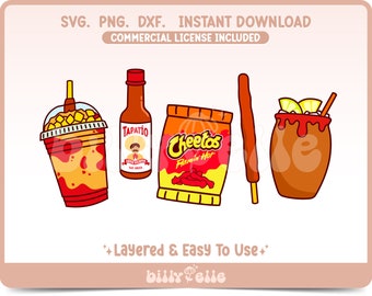 Spicy Snacks Bundle SVG Layered File - Chamoy Mexican Food Digital Download SVG Cricut - Latino Culture Stickers - Tapatío SVG