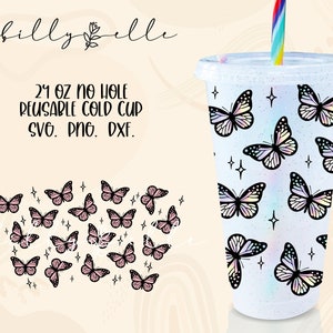 Vlinders Patroon Wrap SVG File - 24oz Venti Tumbler Sjabloon - Geen gat Butterfly Design voor Cricut - Holographic Wrap Starbucks Cup