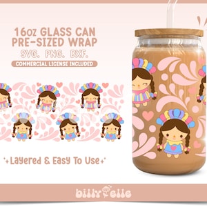 May include: A 16oz glass can wrap featuring a colourful pattern of pink, blue, and yellow. The pattern includes a repeating design of a cartoon girl with brown hair wearing a colourful dress and a pink heart. The text "16oz GLASS CAN PRE-SIZED WRAP SVG. PNG. DXF. COMMERCIAL LICENSE INCLUDED" is at the top of the image. The text "*+Layered & Easy To Use+*" is at the bottom of the image.