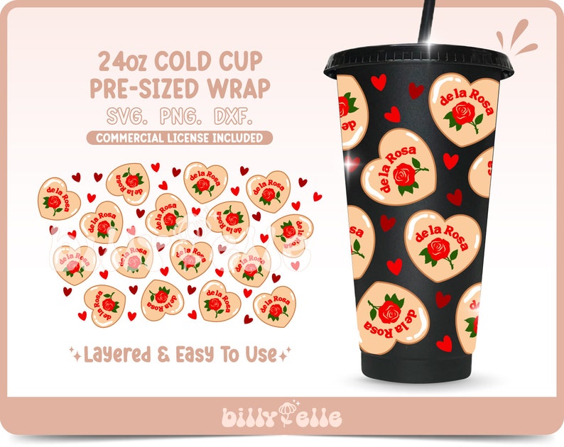 Op de afbeelding: Een 24 ounce cold cup wrap-ontwerp met een hartvormig patroon met de tekst "de la Rosa" en een roos. Het ontwerp is gelaagd en gemakkelijk te gebruiken. SVG-, PNG- en DXF-bestanden zijn inbegrepen.