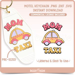 May include: A white motel key tag with a pink and yellow cartoon taxi with the words "MOM TAXI" in pink and yellow letters. The text "PRE-SIZED" is at the bottom of the key tag.
