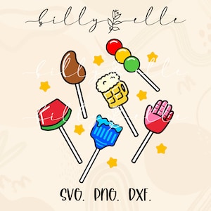 Peut inclure: Un ensemble de six sucettes de différentes couleurs, dont une pastèque, une chope de bière, un bonbon brun, un pinceau bleu, une main rouge et une pile de trois bonbons ronds. Les sucettes sont disposées en cercle sur un fond brun clair.