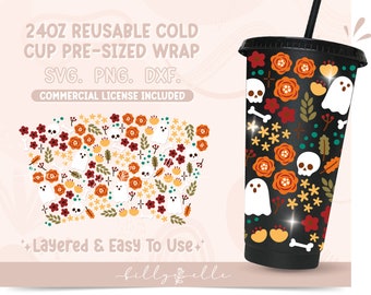 Floral Halloween 24oz Tumbler Wrap SVG Halloween - Ghosts Digital Download SVG Files For Cricut Silhouette - Skull Flowers Cold Cup Template