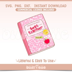 May include: Pink composition notebook with the text "best teacher" on the cover. The notebook has a pink and white speckled pattern and is decorated with a smiley face, a red apple, and a green crayon.