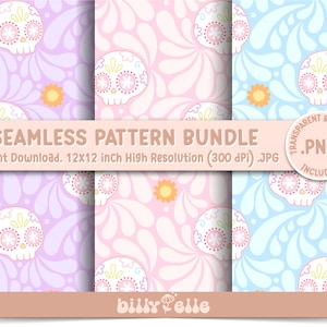 May include: A seamless pattern bundle featuring sugar skull designs in pastel colors. The patterns include a light purple, pink, and blue background with a repeating skull and floral design. The text "SEAMLESS PATTERN BUNDLE" is displayed.