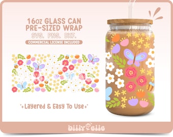 Spring Floral 16oz Libbey Glass Can Wrap SVG - Butterfly Colorful ...