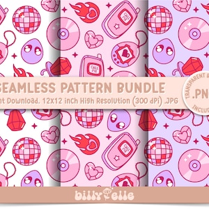 May include: A set of three seamless patterns featuring pink and red illustrations of hearts, disco balls, cassette tapes, and other 90s inspired designs. The patterns are on a white, light pink, and light purple background. The text "SEAMLESS PATTERN BUNDLE" is at the top of the image. The text "Instant Download. 12x12 inch High Resolution (300 dpi).JPG" is below the title. The text ".PNG INCLUDED" is in a circle at the bottom right of the image.