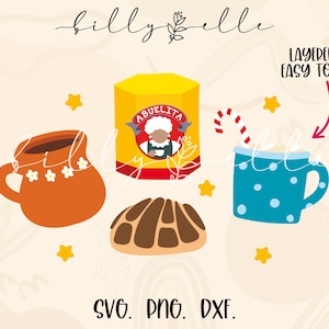 Könnte beinhalten: Eine digitale Illustration eines mehrschichtigen Designs für ein Heißgetränke-Set. Das Set enthält eine Tasse heiße Schokolade mit Schlagsahne und einem Zuckerrohr, eine braune Tasse mit Blumenmuster, ein braunes und weißes Concha-Brot und eine Schachtel Abuelita-Heißgetränkemischung.