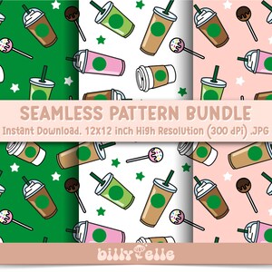 May include: A set of three seamless pattern designs featuring various coffee drinks, including iced coffee, latte, and a pink drink. Each pattern is on a different background color: green, white, and pink. The patterns are 12x12 inches and 300 dpi.