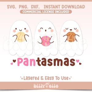 May include: Three cartoon ghosts holding yarn balls in shades of yellow, pink, and brown. The word "Pantasmas" is written in pink and brown, with hearts on either side. The image includes the text "SVG. PNG. DXF. INSTANT DOWNLOAD COMMERCIAL LICENSE INCLUDED Layered & Easy To Use".