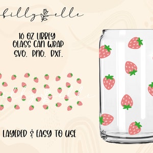 Strawberries Libbey Glass Can Wrap - Groovy Pattern - Digital Download SVG Files For Cricut - Boho Mini Strawberry Wrap - 16oz Template