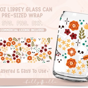 Floral Halloween 16oz Libbey Glass Can Wrap - Ghosts SVG Digital Download SVG Cricut - Silhouette - Skull Flower Pattern Beer Glass Template