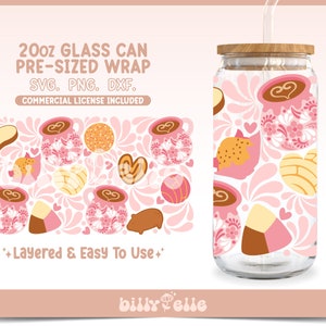 May include: A digital design for a 20 ounce glass can wrap featuring a pink and white pattern with hearts, swirls, and various Mexican pastries. The text "20oz GLASS CAN PRE-SIZED WRAP SVG. PNG. DXF. COMMERCIAL LICENSE INCLUDED" is at the top of the image. The text "*+Layered & Easy To Use+*" is at the bottom of the image.
