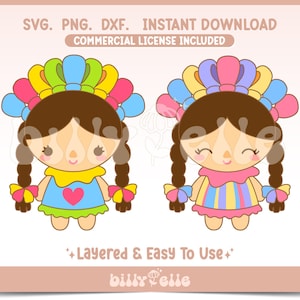 May include: Two colourful, cartoon-style dolls with brown hair, wearing traditional Mexican dresses and headbands. The dolls are smiling and have large eyes. The dolls are layered and easy to use.