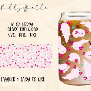 Axolotl Libbey Glass Can Wrap - Ajolote - Téléchargement numérique de fichiers SVG pour Cricut - Modèle d’emballage mexicain - Modèle de canette Libbey 16oz