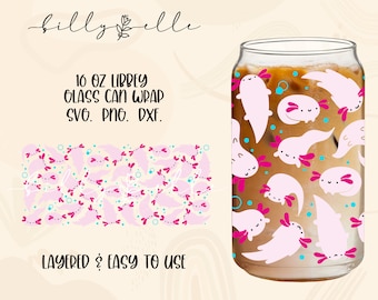 May include: A 10 ounce glass can wrap featuring a pink and white axolotl design. The design includes multiple axolotls in various poses, with pink hearts and blue bubbles scattered throughout. The text "10 OZ LIBBEY GLASS CAN WRAP SVG. PNG. DXF." is displayed at the top of the image. The text "LAYERED & EASY TO USE" is displayed at the bottom of the image.