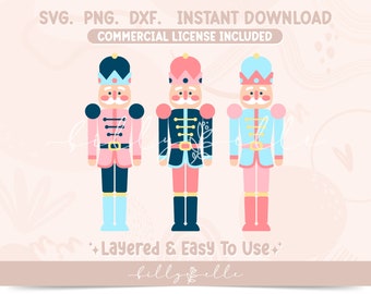 Könnte beinhalten: Drei farbenfrohe Nussknacker-Illustrationen in Rosa, Blau und Marineblau mit goldenen Akzenten. Der Text "SVG. PNG. DXF. INSTANT DOWNLOAD COMMERCIAL LICENSE INCLUDED" und "Layered & Easy To Use" ist enthalten.