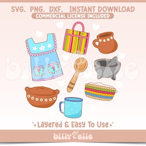 Puede incluir: Un conjunto de siete ilustraciones de dibujos animados coloridos de artículos de cocina mexicana, que incluyen un delantal azul con flores blancas, una olla marrón con flores blancas, una taza marrón con flores blancas, una bolsa de mano a rayas, una cuchara de madera, un mortero y una maja grises, y una cesta tejida con rayas de colores.