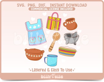 May include: A set of seven colorful cartoon illustrations of Mexican kitchen items, including a blue apron with white flowers, a brown pot with white flowers, a brown mug with white flowers, a striped tote bag, a wooden spoon, a gray mortar and pestle, and a woven basket with colorful stripes.
