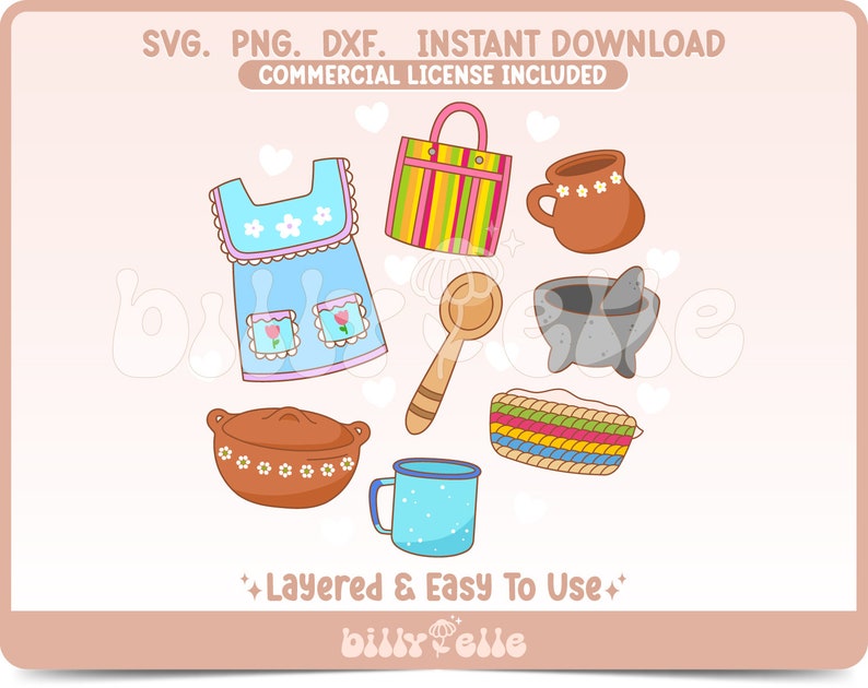 May include: A set of seven colorful cartoon illustrations of Mexican kitchen items, including a blue apron with white flowers, a brown pot with white flowers, a brown mug with white flowers, a striped tote bag, a wooden spoon, a gray mortar and pestle, and a woven basket with colorful stripes.