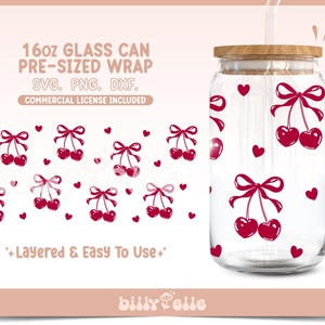 May include: A 16oz glass can wrap design featuring a pattern of red cherries with pink bows and hearts. The design is layered and easy to use. SVG, PNG, and DXF files are included.