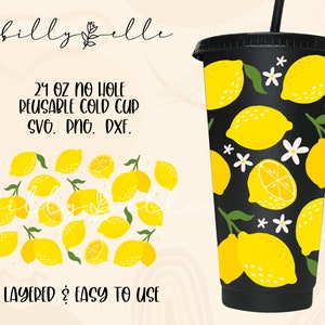 May include: A black reusable cold cup with a lemon pattern. The cup is 24 ounces and has a straw. The text "24 oz no hole reusable cold cup SVG. PNG. DXF." is on the image. The text "LAYERED & EASY TO USE" is at the bottom of the image.