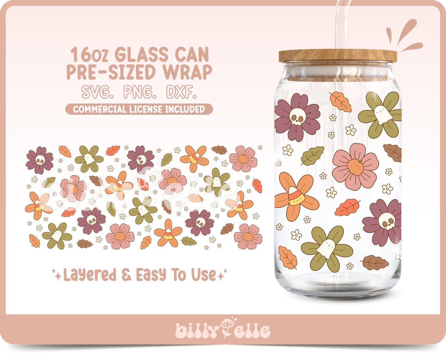 Halloween Flowers 16oz Libbey Glass Can Wrap SVG - Cute Halloween ...