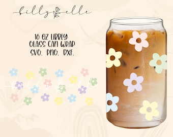 Retro Flowers Pattern Libbey Glass Can Wrap - Groovy - Digital Download SVG Files For Cricut - Flowers Boho Wrap Template - 16oz Template