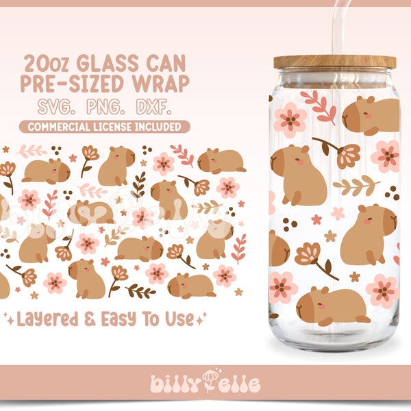 Floral Capybara 20oz Libbey Glass Can Wrap - Girly Pattern Flowers - Digital Download SVG Files For Cricut - Baby Pink Capybara