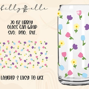 Tiny Flowers Pattern Libbey Glass Can Wrap - Digital Download SVG Files For Cricut - Flowers Boho Rainbow Wrap Template - 20oz Template