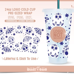 May include: A digital design for a 24 ounce cold cup wrap featuring a white ghost with blue and white floral patterns. The design includes a layered and easy to use template. The text "LOGO NOT INCLUDED" is also included in the design.